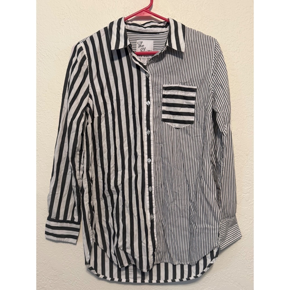 Tribal The Shirt Mixed Stripe Button Down Long Sleeve Cotton Top Black White XS